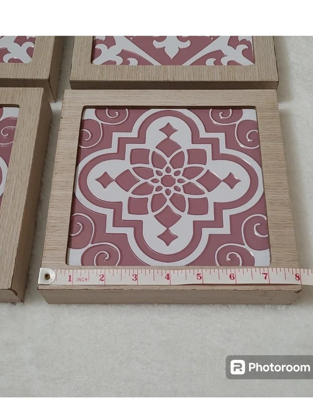 Set of 4 Pink White 8x8 Framed Wall Art Metal Tile Square Plaque Coquette Decor